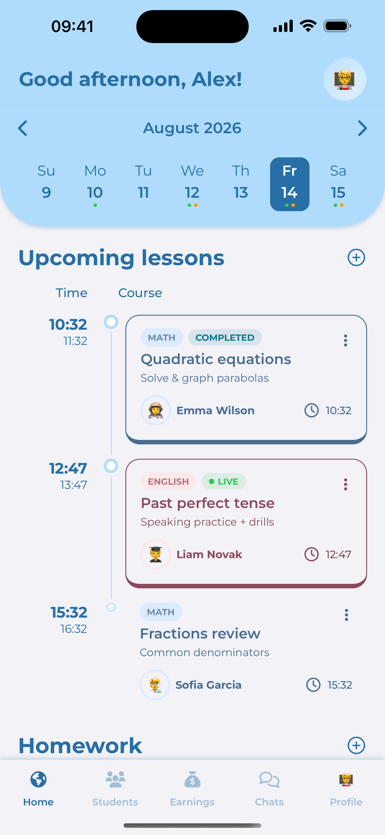Teach Space mobile app showing your weekly schedule and upcoming lessons